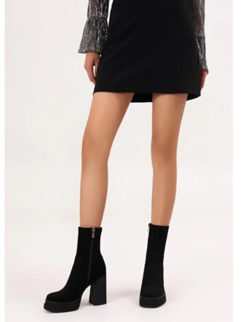 Platform Ankle Boots Chunky High Heel Square Toe Stretchy Combat Booties